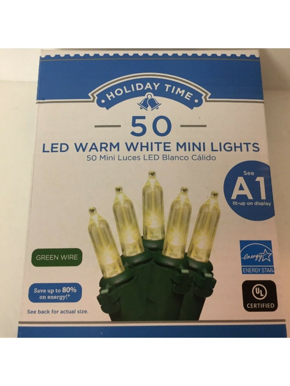 Holiday Time 50 LED Warm White Mini Christmas Lights 10.5' Green Wire Indoor